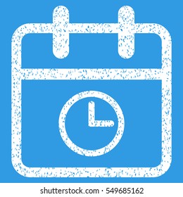 Day Time grainy textured icon for overlay watermark stamps. Flat symbol with unclean texture. Dotted vector white ink rubber seal stamp with grunge design on a blue background.