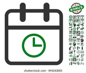Day Time icon with bonus calendar and time management graphic icons. Vector illustration style is flat iconic bicolor symbols, green and gray colors, white background.