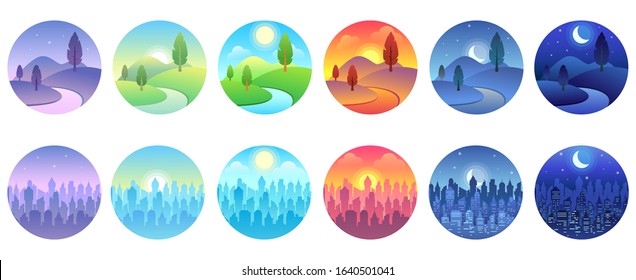 Day time landscape. Dawn, morning city, sunny day, evening sunset, twilight field, night cityscape round vector icon set. Collection of circular natural and urban sceneries in modern flat style.