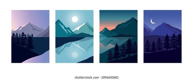 Day time landscape posters. Minimalistic dawn afternoon sunset and night placards with single mountain landscape. Vector set