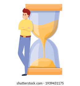 Day time management icon. Man leaning against hourglass Day time management vector icon for web design isolated on white background