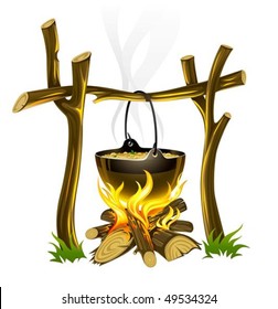 Day Touristic Campfire And Kettle With Food Vector Illustration