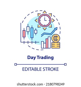 Day Trading Concept Icon. Active Engagement. Way To Make Money On Crypto Abstract Idea Thin Line Illustration. Isolated Outline Drawing. Editable Stroke. Arial, Myriad Pro-Bold Fonts Used