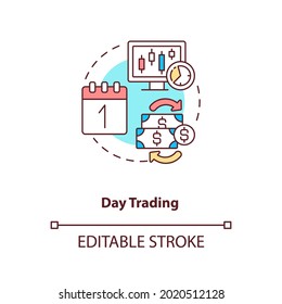 Day trading concept icon. Stock trading strategy idea thin line illustration. Making profits. Operating with assets through single day. Vector isolated outline RGB color drawing. Editable stroke