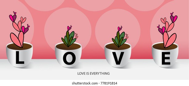 Valentine’s Day tree love in cup with pink background. Illustration design
