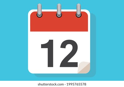Tag Zwölf. Einfache Kalender mit Datum 12. Flaches Kalendersymbol, Vektorgrafik. Kalendersymbol flach Tag 12. Vektorgrafik. Kalendersymbol