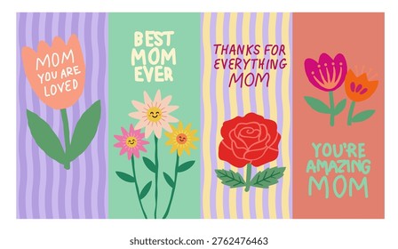 Mother’s Day Typography Greeting Card Set with Floral Illustrations and Love Quotes Colorful Minimal Design Collection
