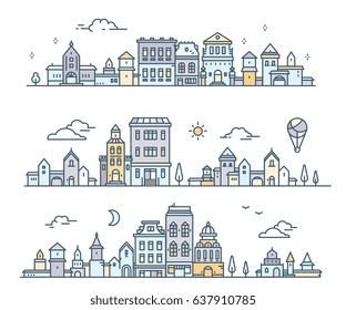 Day urban european city with tree, cloud, aerostat. Vector illustration of three variation detailed city landscape on white background. Thin line art design for web, site, advert, horizontal banner