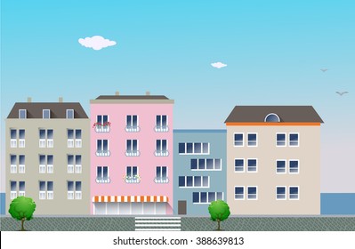 Day Urban Landscape. Seaside town. Vector Illustration