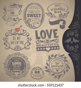 Day Valentine Calligraphic Frames and Badges with Titles on Love in Vintage Style