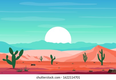 Day in Vast Desert Rock Hill Mountain with Cactus Horizon Landscape Illustration