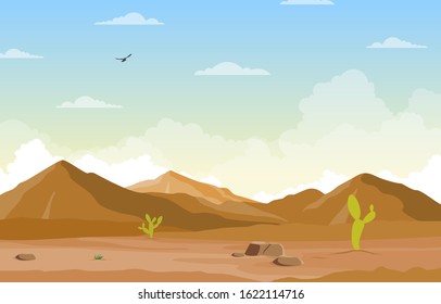 Day in Vast Desert Rock Hill Mountain with Cactus Horizon Landscape Illustration