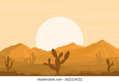 Day in Vast Desert Rock Hill Mountain with Cactus Horizon Landscape Illustration