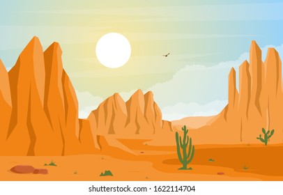 Day in Vast Western American Desert with Cactus Horizon Landscape Illustration