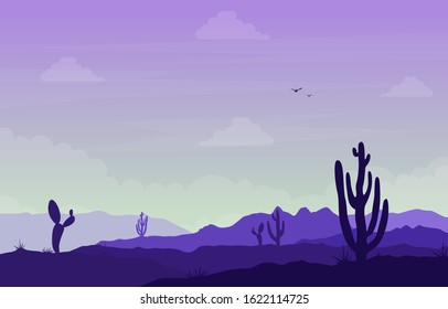 Day in Vast Western American Desert with Cactus Horizon Landscape Illustration