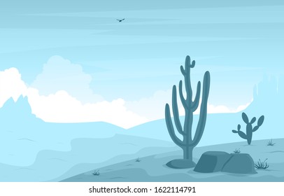 Day in Vast Western American Desert with Cactus Horizon Landscape Illustration