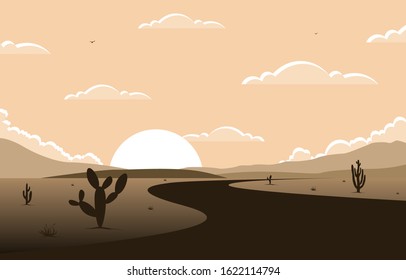 Day in Vast Western American Desert with Cactus Horizon Landscape Illustration