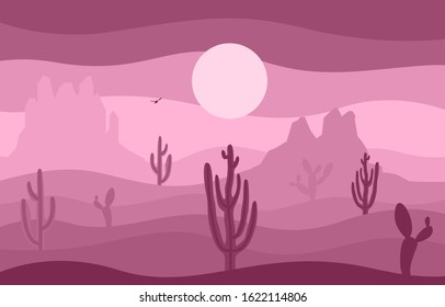 Day in Vast Western American Desert with Cactus Horizon Landscape Illustration