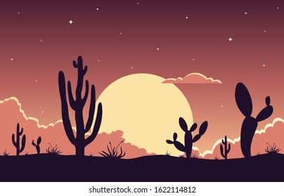 Day in Vast Western American Desert with Cactus Horizon Landscape Illustration