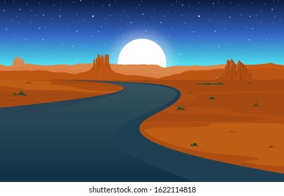Day in Vast Western American Desert with Cactus Horizon Landscape Illustration