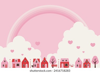 valentine’s day vector background with city landscape with houses and a rainbow in the sky for banners, cards, flyers, social media wallpapers, etc.