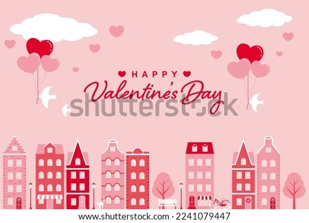 valentine’s day vector background with city landscape with houses and heart balloons for banners, cards, flyers, social media wallpapers, etc.