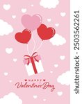 valentine’s day vector background with heart balloons and a gift box in the sky for banners, cards, flyers, social media wallpapers, etc.