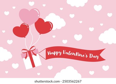 valentine’s day vector background with heart balloons and a gift box in the sky for banners, cards, flyers, social media wallpapers, etc.