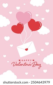 valentine’s day vector background with heart balloons and love letter in the sky for banners, cards, flyers, social media wallpapers, etc.