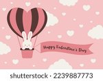 valentine’s day vector background with a rabbit in a heart hot-air balloon in the sky for banners, cards, flyers, social media wallpapers, etc.