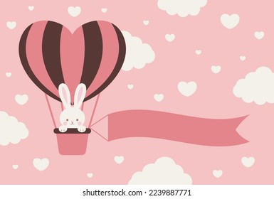 valentine’s day vector background with a rabbit in a heart hot-air balloon in the sky for banners, cards, flyers, social media wallpapers, etc.