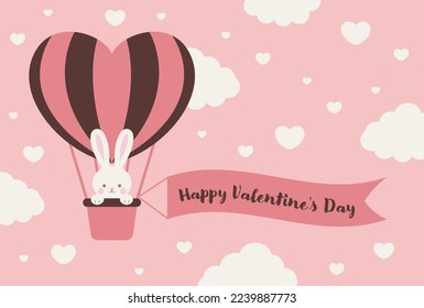 valentine’s day vector background with a rabbit in a heart hot-air balloon in the sky for banners, cards, flyers, social media wallpapers, etc.