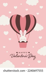 valentine’s day vector background with a rabbit in a heart hot-air balloon in the sky for banners, cards, flyers, social media wallpapers, etc.