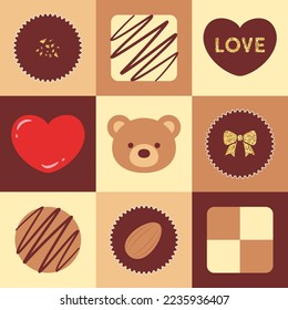 valentine’s day vector background with a set of  chocolate icons for banners, cards, flyers, social media wallpapers, etc.