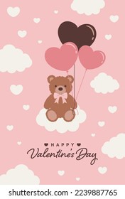 valentine’s day vector background with a teddy bear with heart balloons in the sky for banners, cards, flyers, social media wallpapers, etc.