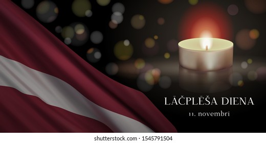 Lāčplēsis Day vector banner design template with flag of Latvia, candle, and text on dark background. Translation: Lāčplēsis Day. November 11. 