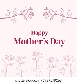 Mother’s Day vector card with elegant pink rose line art, minimalist floral outline design.