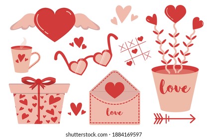 Valentine’s Day Vector Clip Art Set Collection: Gift Box, Love Letter, Love Plant, Heart Shaped Sunglasses, Coffee Cup, Heart With Wings, Tic Tac Toe. Elements For Romantic Greeting Card, Invitation