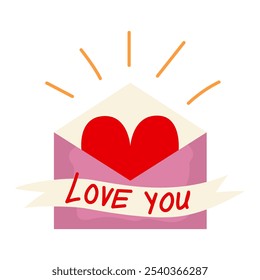 Valentine’s day vector flat element. Valentine's day and love concept. Perfect for stickers and greeting cards. A pink envelope with a red heart. Love message