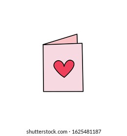 Valentine’s Day vector greeting card flat vector icon.Hand-drawn pink greeting card with red heart isolated on a white background.