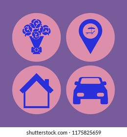 day vector icons set. with beach location, rose bouquet, car and home in set