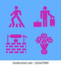 day vector icons set. with pedestrian, water well, guest and rose bouquet in set