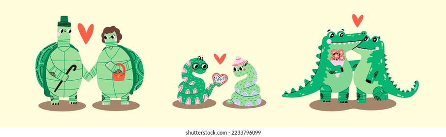 Valentine’s Day vector illustration. 3 Cute couple crocodiles, snakes,  on white background with heart for graphic designer create artwork, card, brochure for invitations or greetings. 