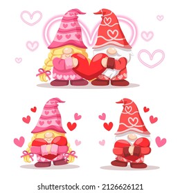 Valentinstag, Vektorgrafik. Cute-Paar-Gnome auf weißem Hintergrund mit vielen Herzen für Grafikdesigner erstellen Kunstwerke, Karten, Broschüren für verschiedene Einladungen oder Grüße 