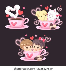 Valentine’s Day vector illustration. Cute couple on white background with many hearts for graphic designer create artwork, card, brochure for various invitations or greetings 