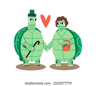 Valentine’s Day vector illustration. Cute couple turtles on white background with heart for graphic designer create artwork, card, brochure for invitations or greetings. Two cute cartoon turtles