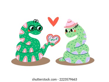 Valentine’s Day vector illustration. Cute couple snakes on white background with heart for graphic designer create artwork, card, brochure for invitations or greetings. Two cute cartoon snakes