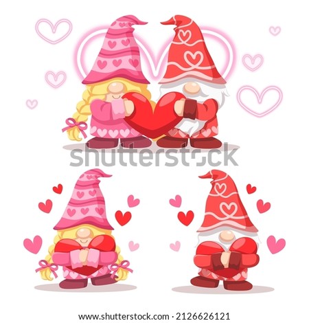 Valentine’s Day vector illustration. Cute couple gnome on white background with many hearts for graphic designer create artwork, card, brochure for various invitations or greetings 