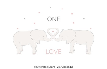  Valentine’s Day vector illustration features two cute elephants touching trunks to form a heart, symbolizing love, romance, and togetherness. Surrounded by hearts, it reflects happiness and romantic.