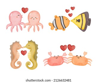 Valentine’s Day vector illustration. Four cute couple marine life on white background with many hearts for graphic designer create artwork, card, brochure for various invitations or greetings 